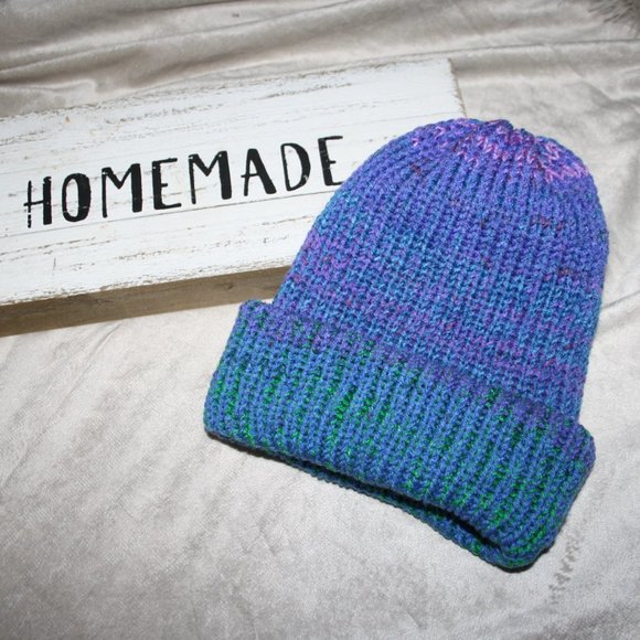 Purple blue green knit beanie handmade YOUTH